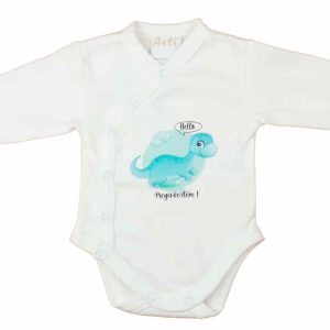 Elöl patentos hosszú ujjú baba body "Hello megérkeztem" mintával