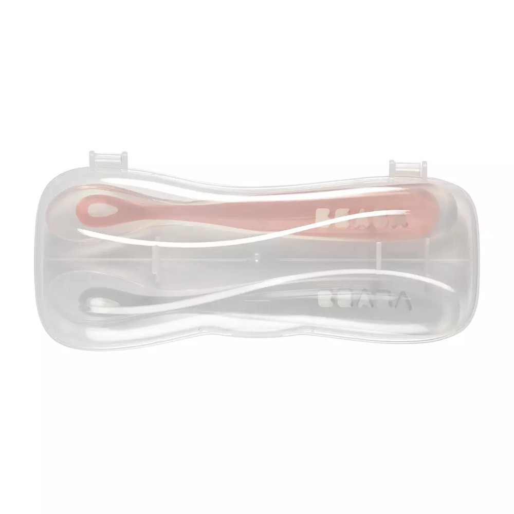 Béaba Ergonomikus Szilikon Hosszú Kiskanál Szett + Doboz- Sötét rózsaszín - Image 2
