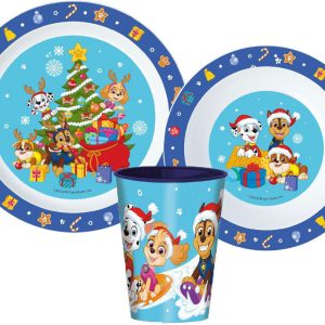 Mancs Őrjárat Holiday Karácsonyi étkészlet, micro műanyag szett, pohárral 260 ml