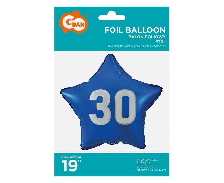 Kék Happy Birthday 30 Blue csillag fólia lufi 44 cm - Image 2