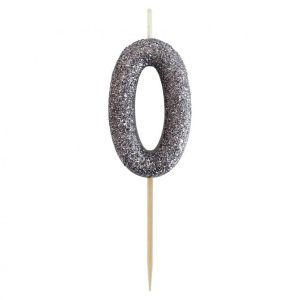 Fekete Glitter Black számgyertya, tortagyertya 0-ás