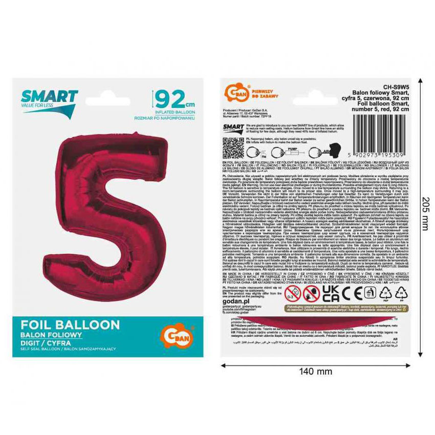 Piros 5-ös Red szám fólia lufi 92 cm - Image 2