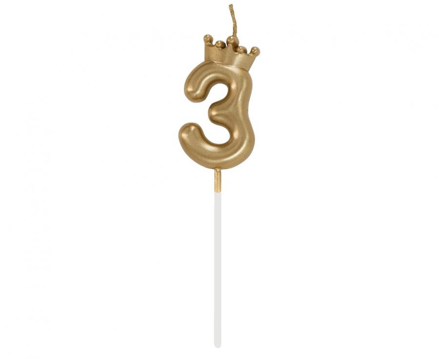 Arany Champagne Crown 3-as számgyertya, tortagyertya 6 cm